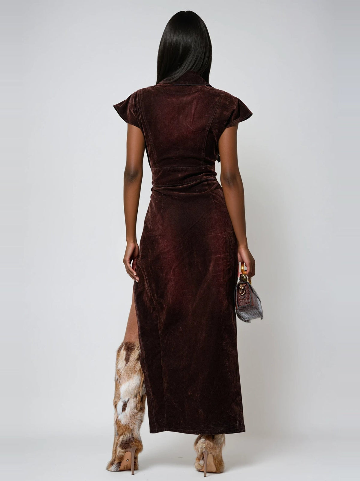 Dorte Shirt Collar Plunge High Split Maxi Dress - Burgundy — Svelte Chic