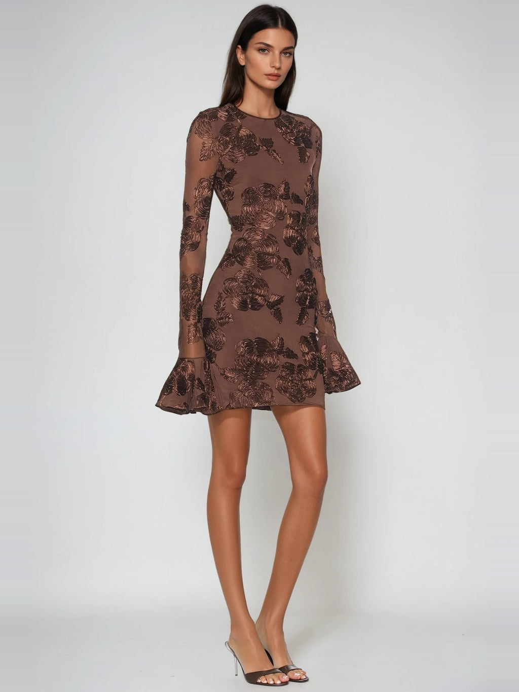 Farohildis Embroidered Floral Flute Sleeve Mesh Mini Dress — Svelte Chic