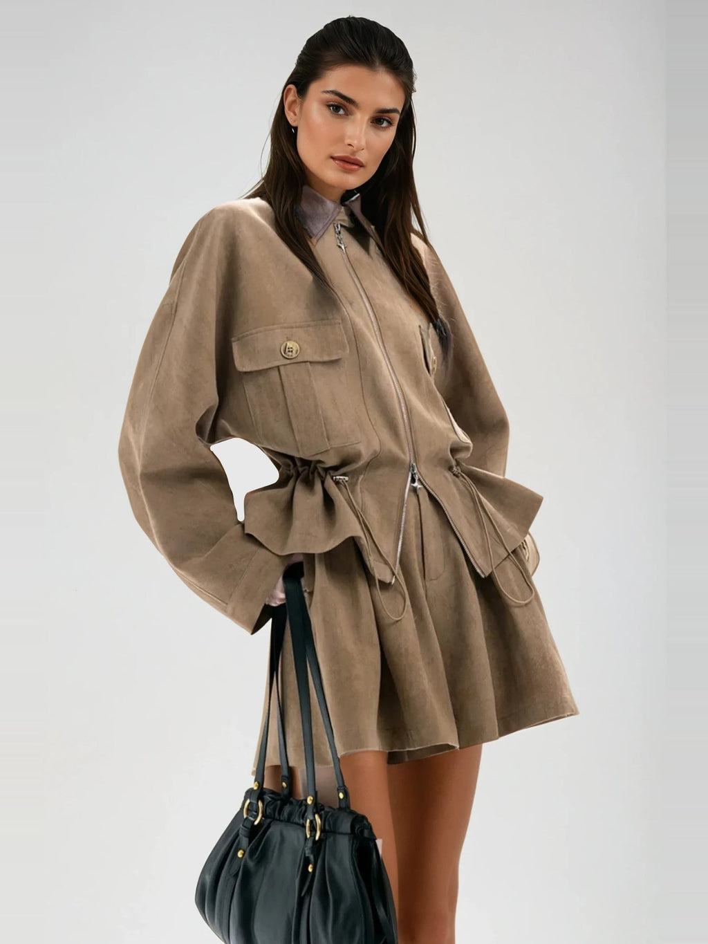 Aravinda Drawstring Suede-Touch Jacket and Shorts Set - Camel — Svelte Chic