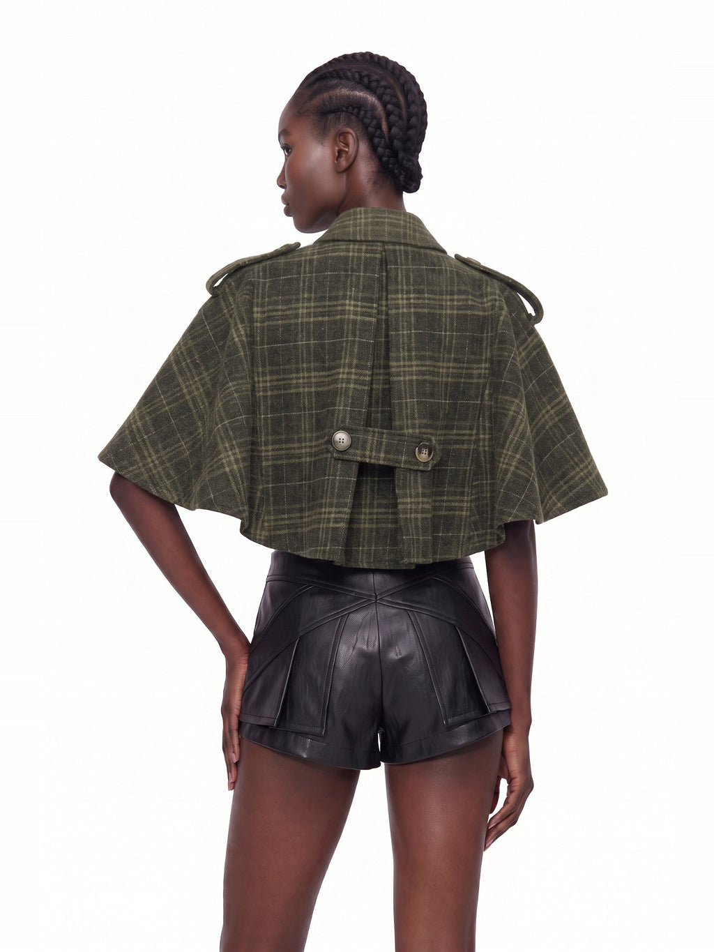 Kert Stand Collar Checked Cape Jacket - Khaki — Svelte Chic
