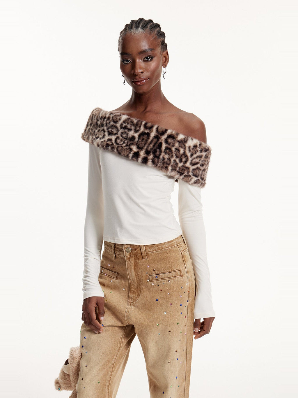 Ellis Leopard Faux Fur Asymmetric Shoulder Top - Ivory — Svelte Chic