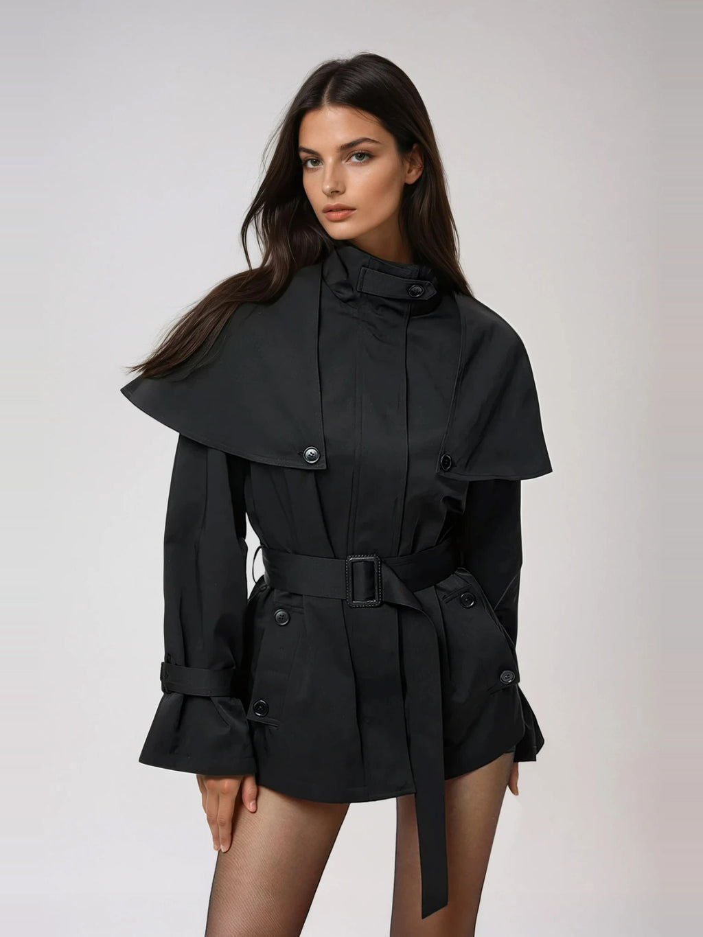 Davide Caped-Shoulder Belted Short Trench Coat - Black