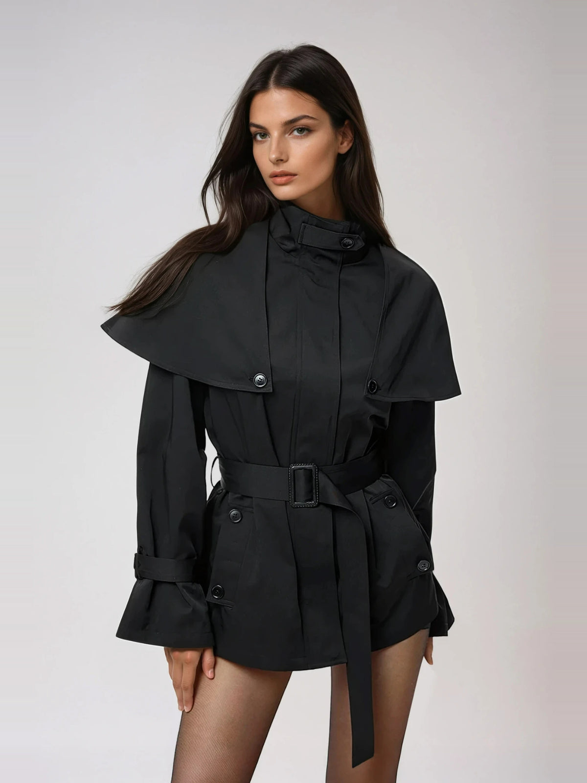 Davide Caped-Shoulder Belted Short Trench Coat - Black