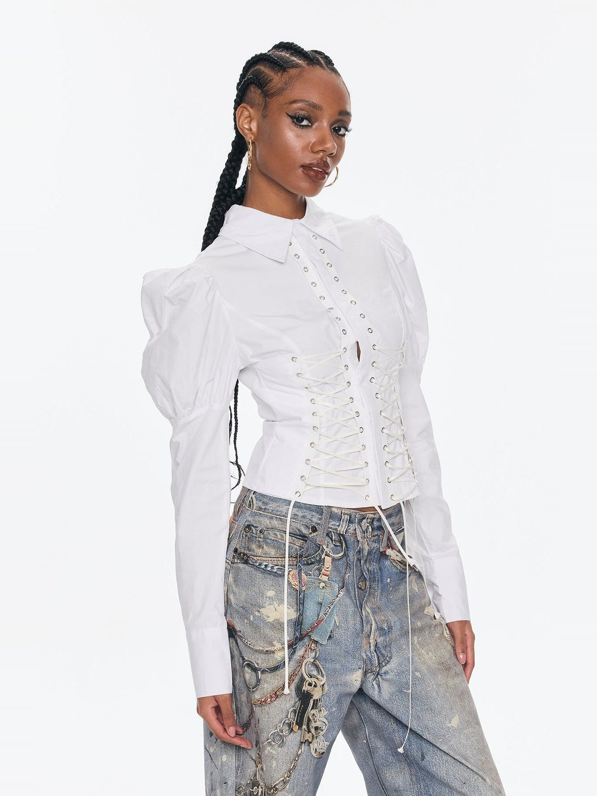 Belvedere Lace-Up Corset Puff Sleeve Shirt - White — Svelte Chic