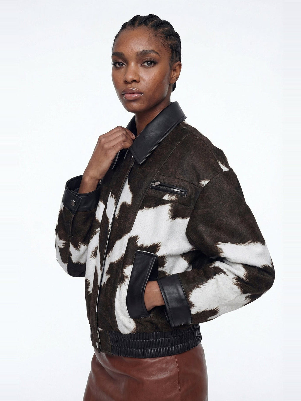 Elisabeta Cow Print Faux Leather Bomber Jacket - Brown — Svelte Chic