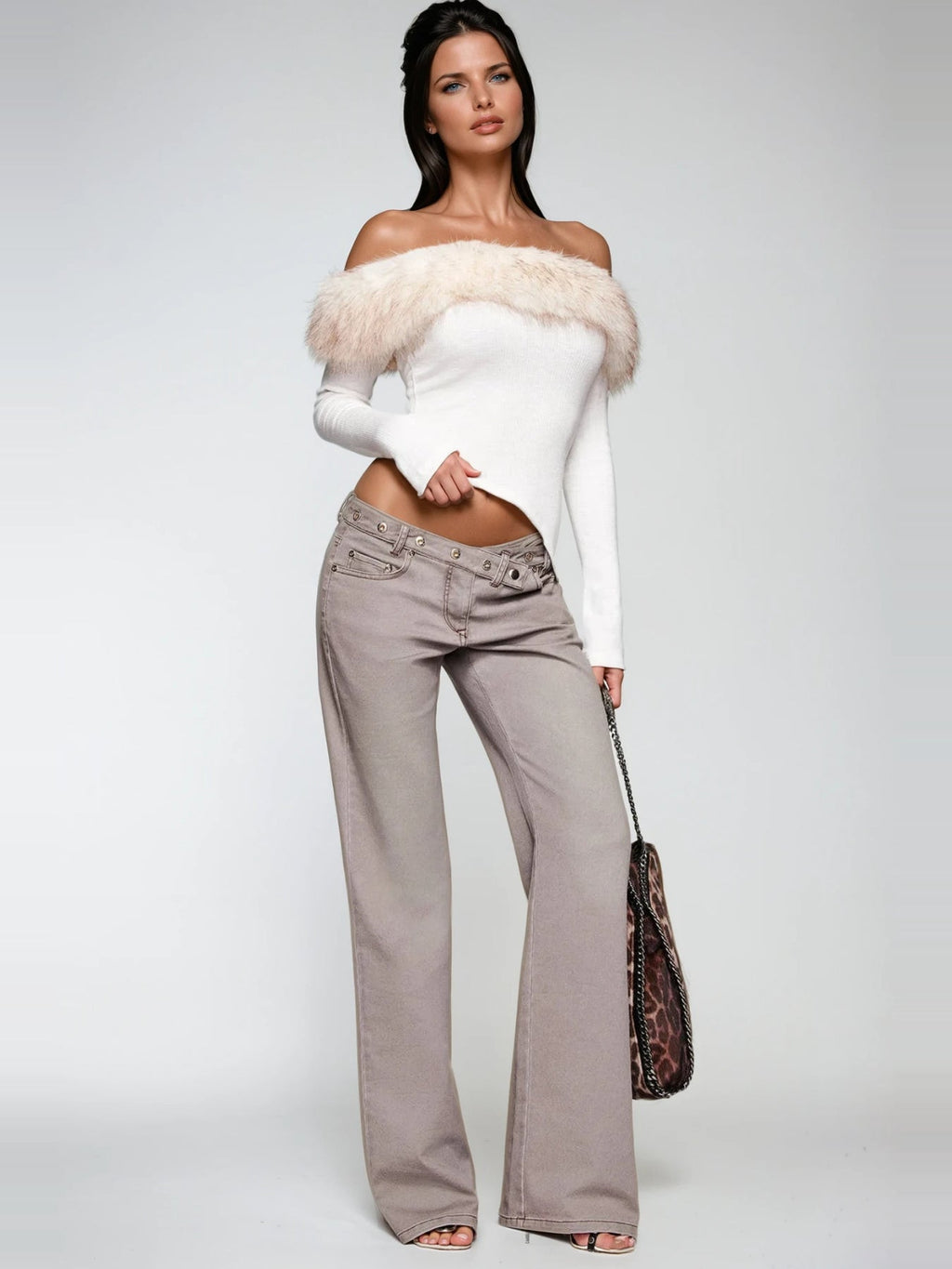 Debi Faux Fur Trim Off-Shoulder Ribbed Top - Ivory — Svelte Chic