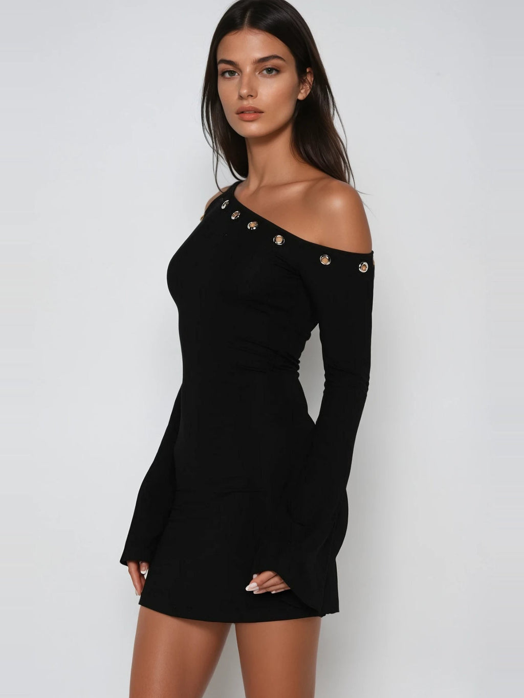 Dareios One-Shoulder Button-Detail Mini Dress - Black — Svelte Chic