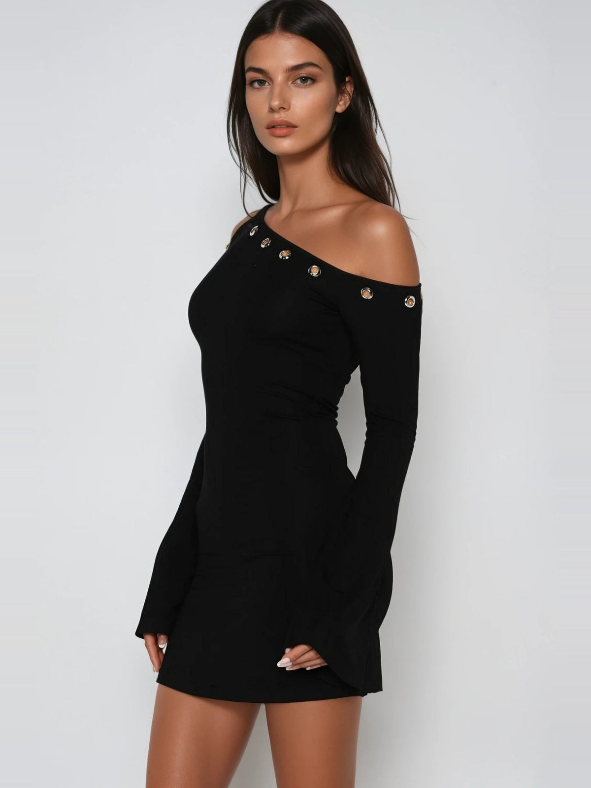 Dareios One-Shoulder Button-Detail Mini Dress - Black — Svelte Chic