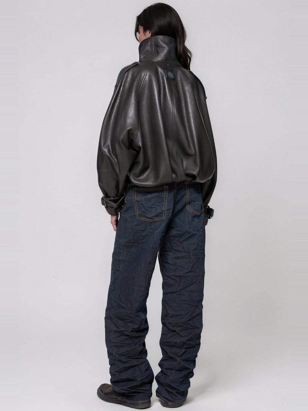 Khan Funnel Neck Leather-Look Double-Breasted Jacket - Grey — Svelte Chic