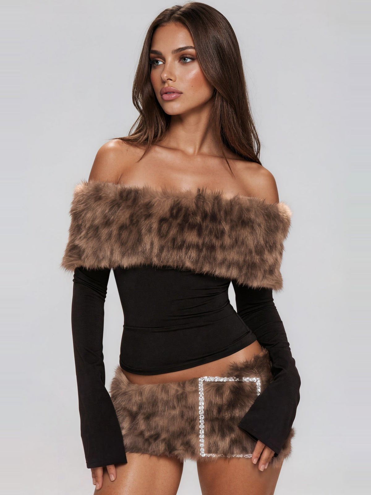 Kirstie Off-Shoulder Faux Fur Skirt Set - Black — Svelte Chic