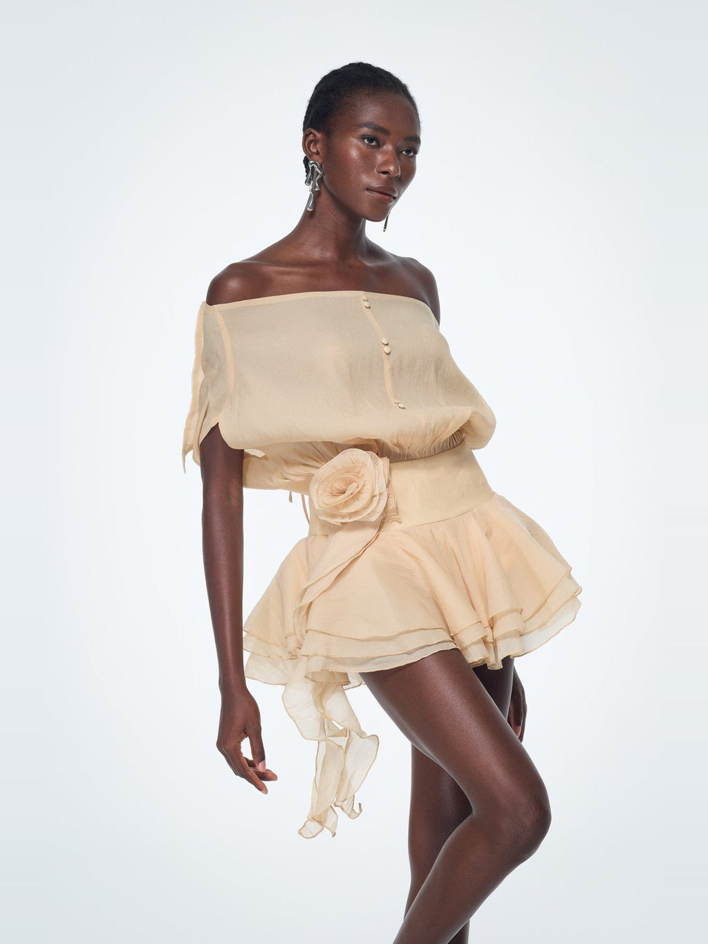Baatar Off-Shoulder Rose Detail Ruffled Mini Dress - Apricot — Svelte Chic