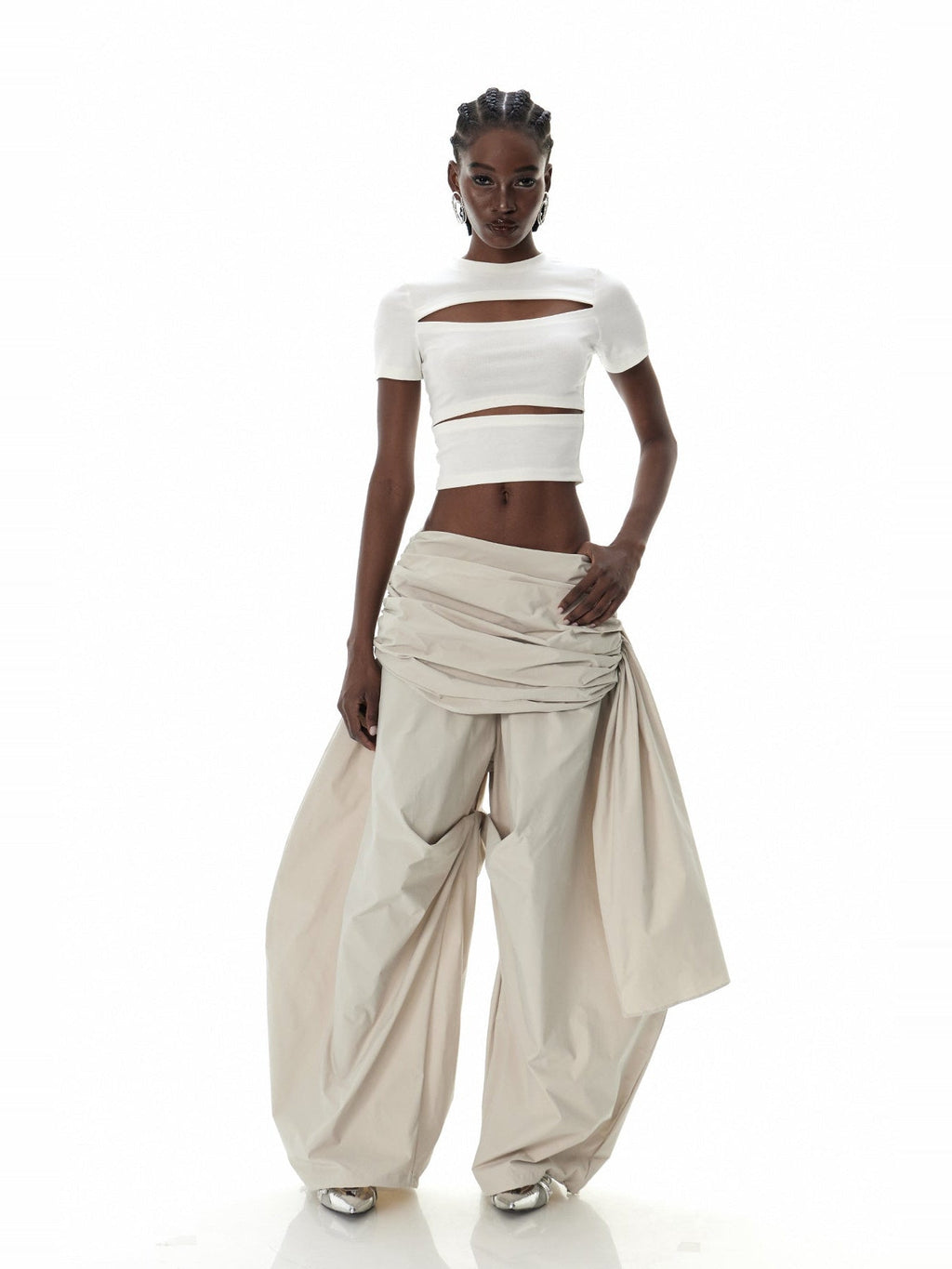 Clarity Ruched Asymmetric Wide-Leg Pants - Beige — Svelte Chic