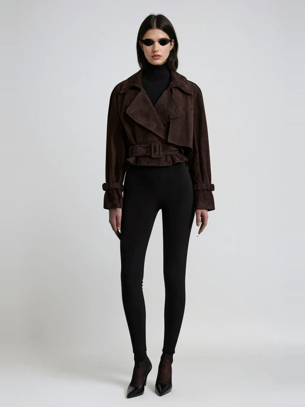 Chioma Wide-Lapel Buckled Suede Jacket - Chocolate — Svelte Chic