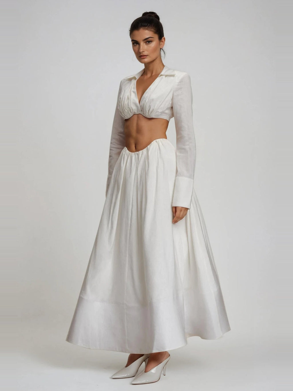 Diklah Collared Crop Top and Flared Midi Skirt Set - White — Svelte Chic