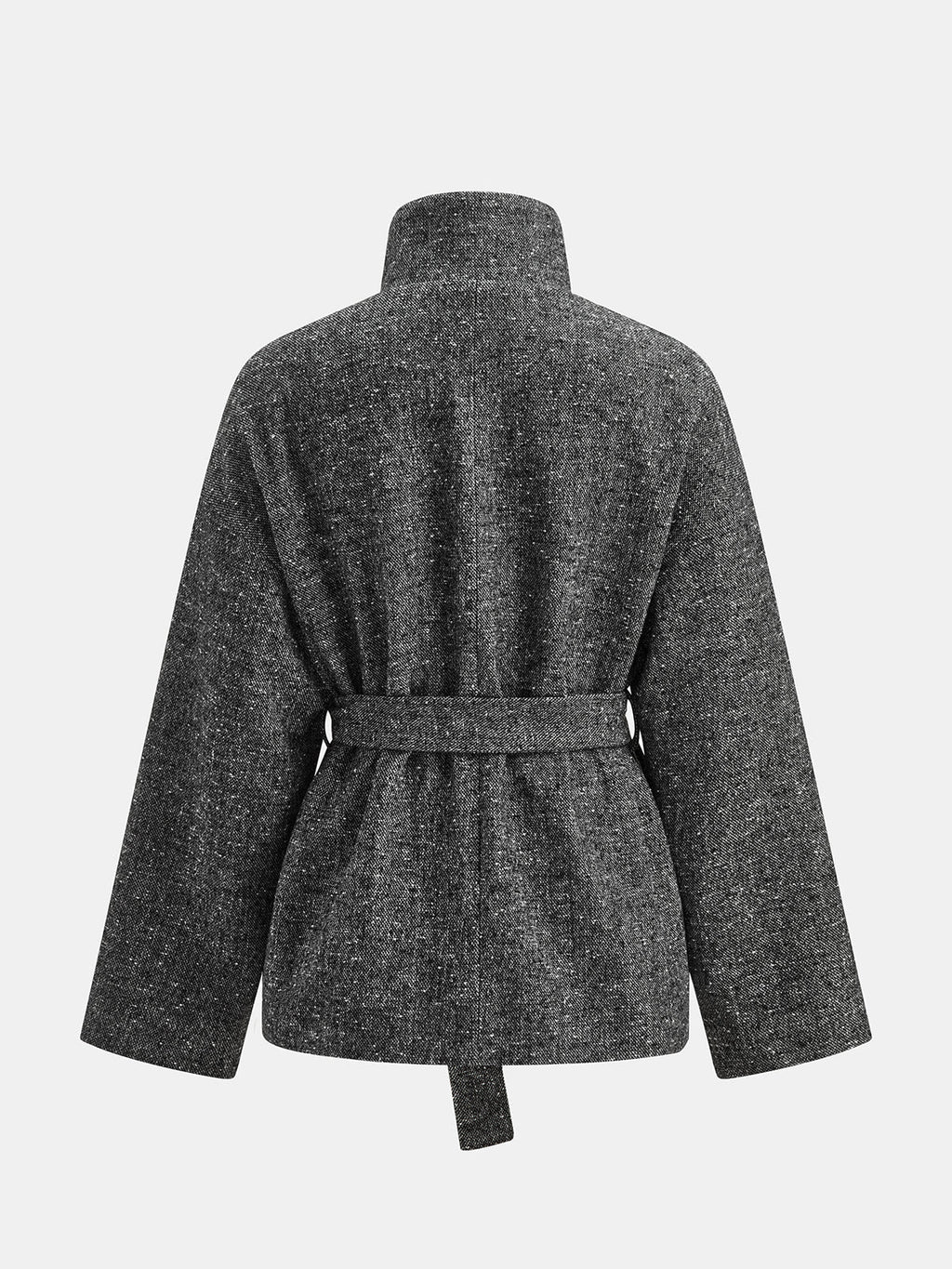 Belted Funnel Collar Speckled Tweed Coat - Grey — Svelte Chic