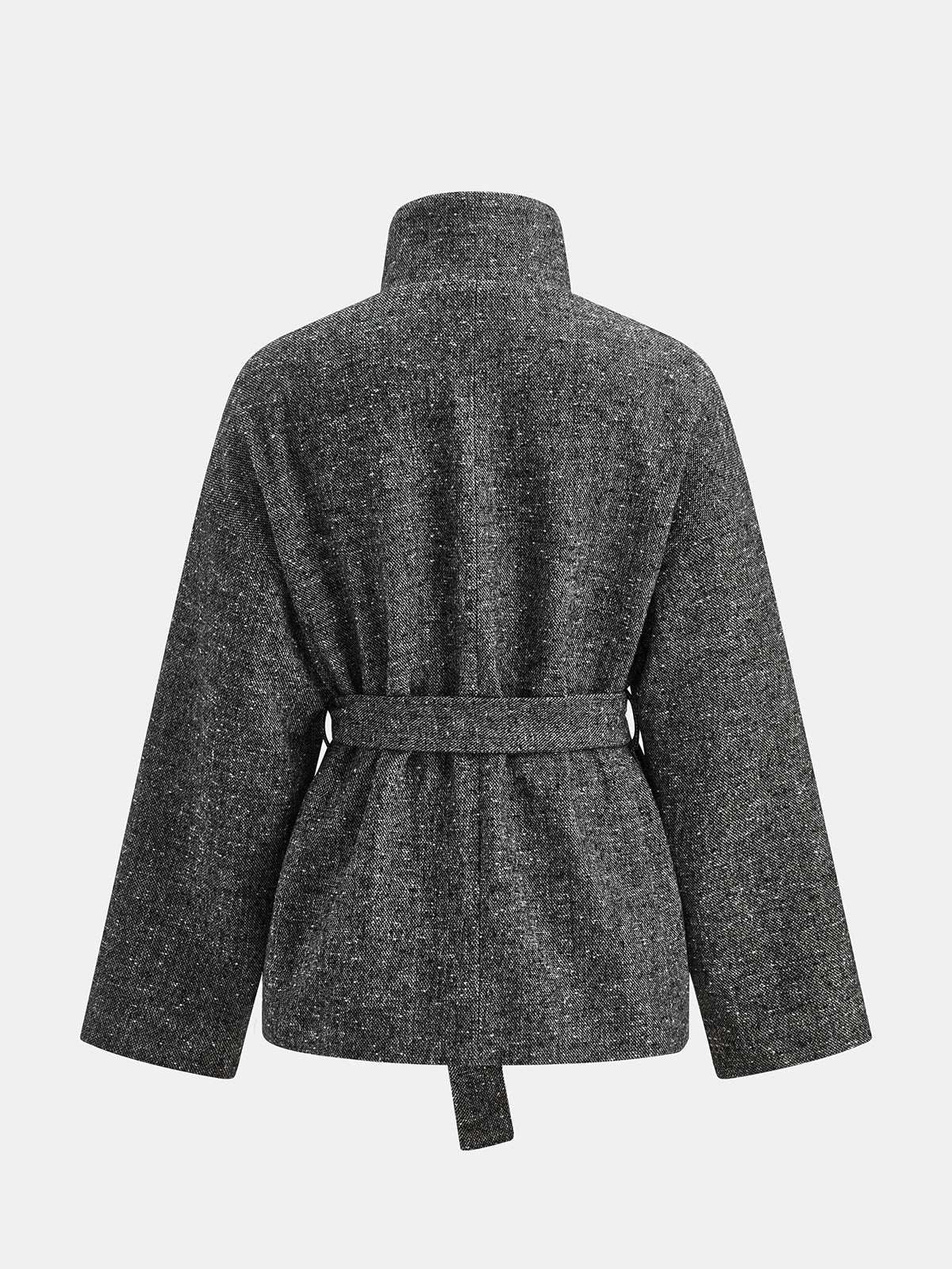 Belted Funnel Collar Speckled Tweed Coat - Grey — Svelte Chic