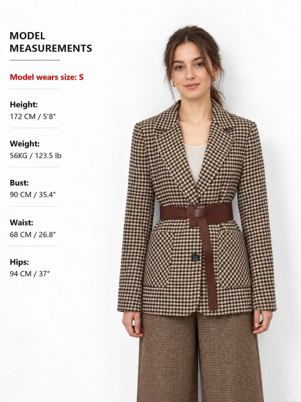 Houndstooth Belted Patch Pocket Blazer - Khaki — Svelte Chic