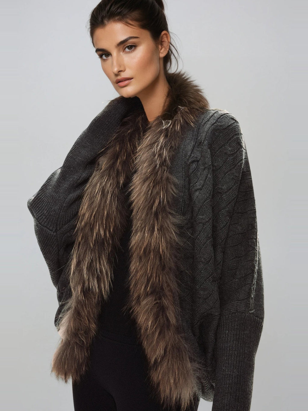 Deianeira Faux Fur Trimmed Knit Jacket - Anthracite — Svelte Chic
