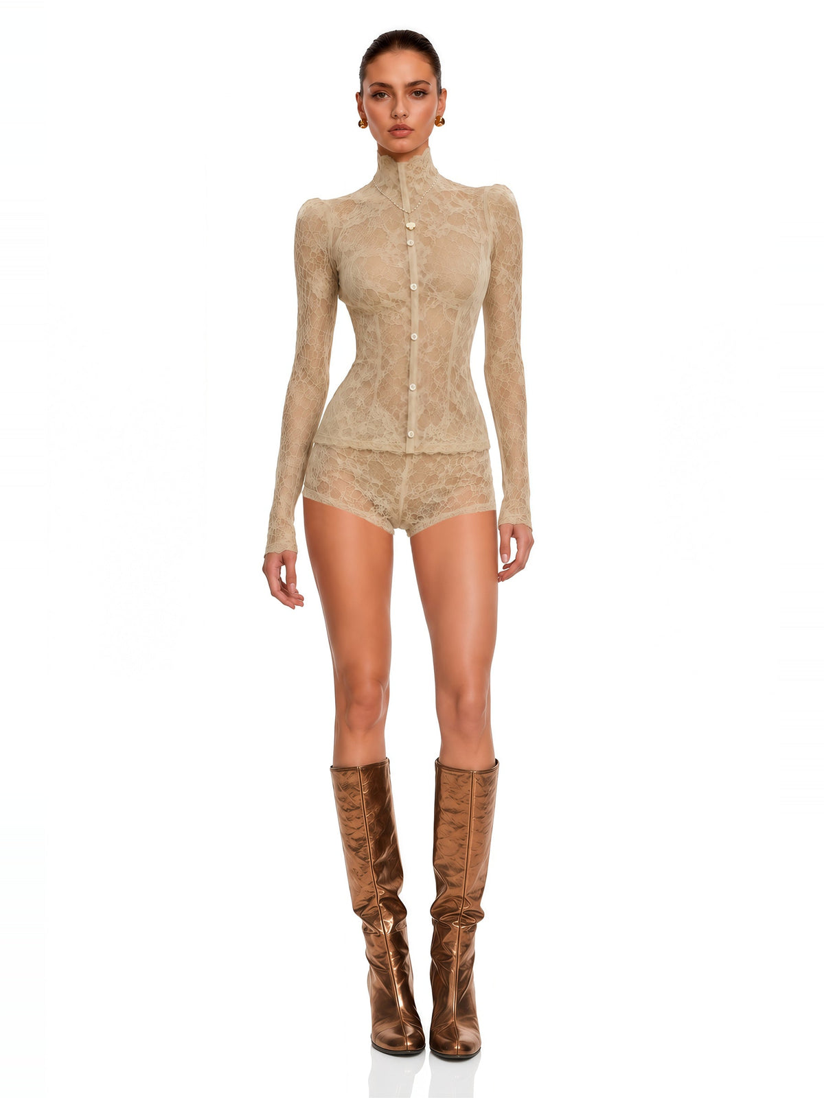 Paislee Floral Lace High-Neck Jacket and Shorts Set - Neutral — Svelte Chic