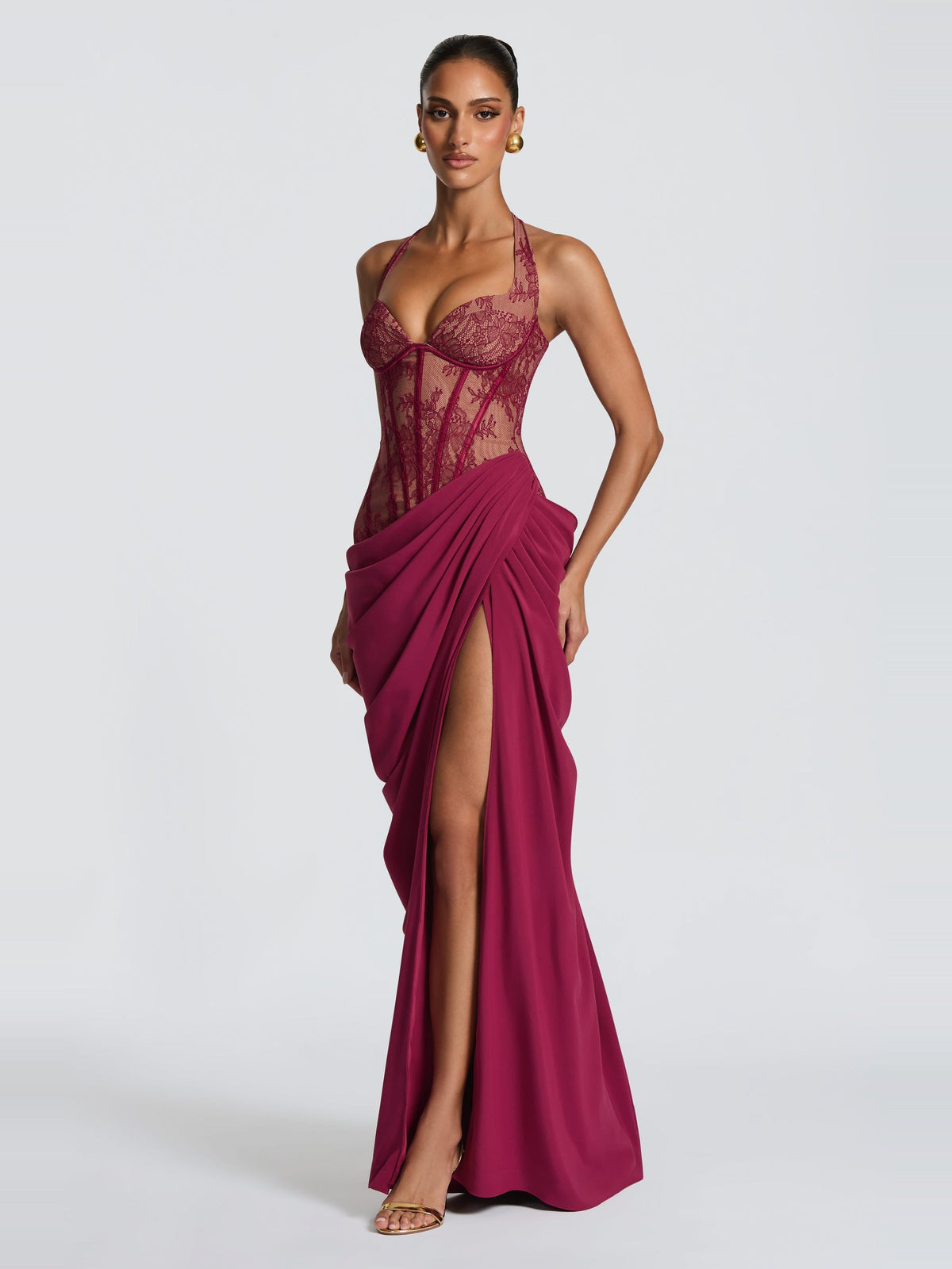 Bonita Halter Floral Lace Corset Maxi Dress with Slit — Svelte Chic