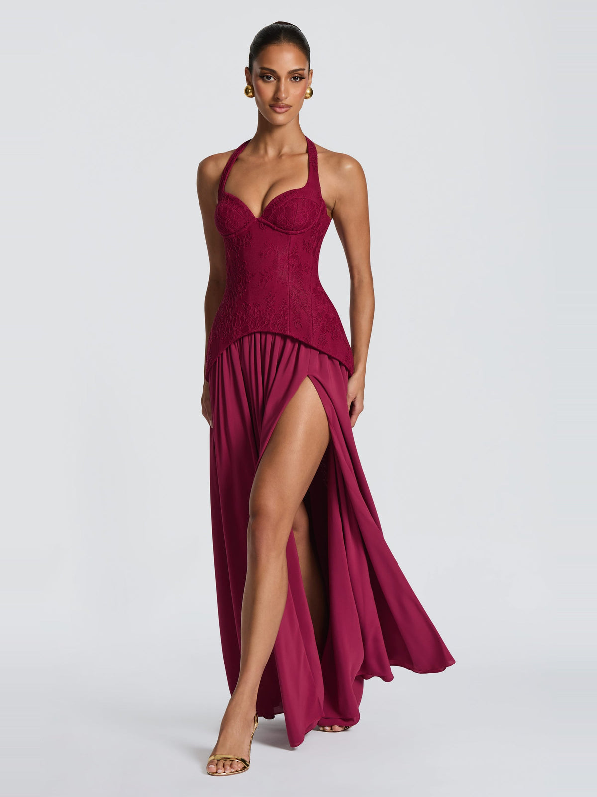 Almira Halter Lace Corset Maxi Dress with Slit — Svelte Chic
