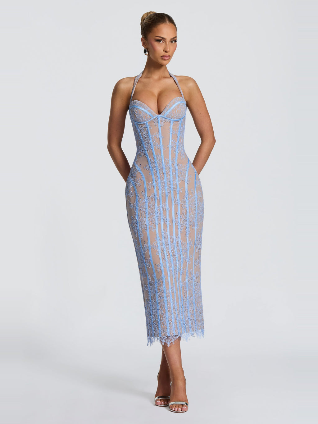 Rona Halter Lace Midi Dress with Slit — Svelte Chic