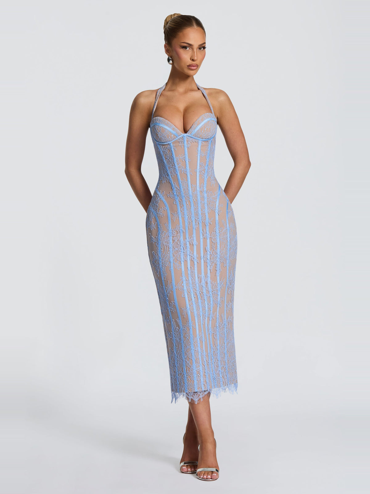 Rona Halter Lace Midi Dress with Slit — Svelte Chic