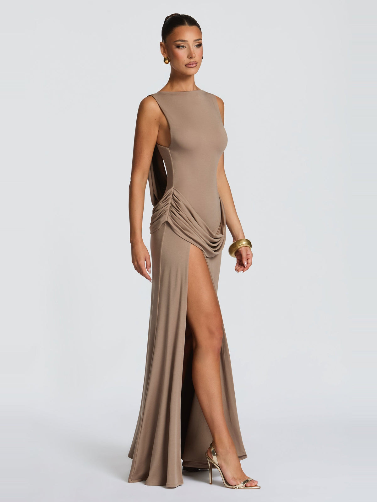 Bruna High Neck Open Back Jersey Maxi Dress with Slit — Svelte Chic