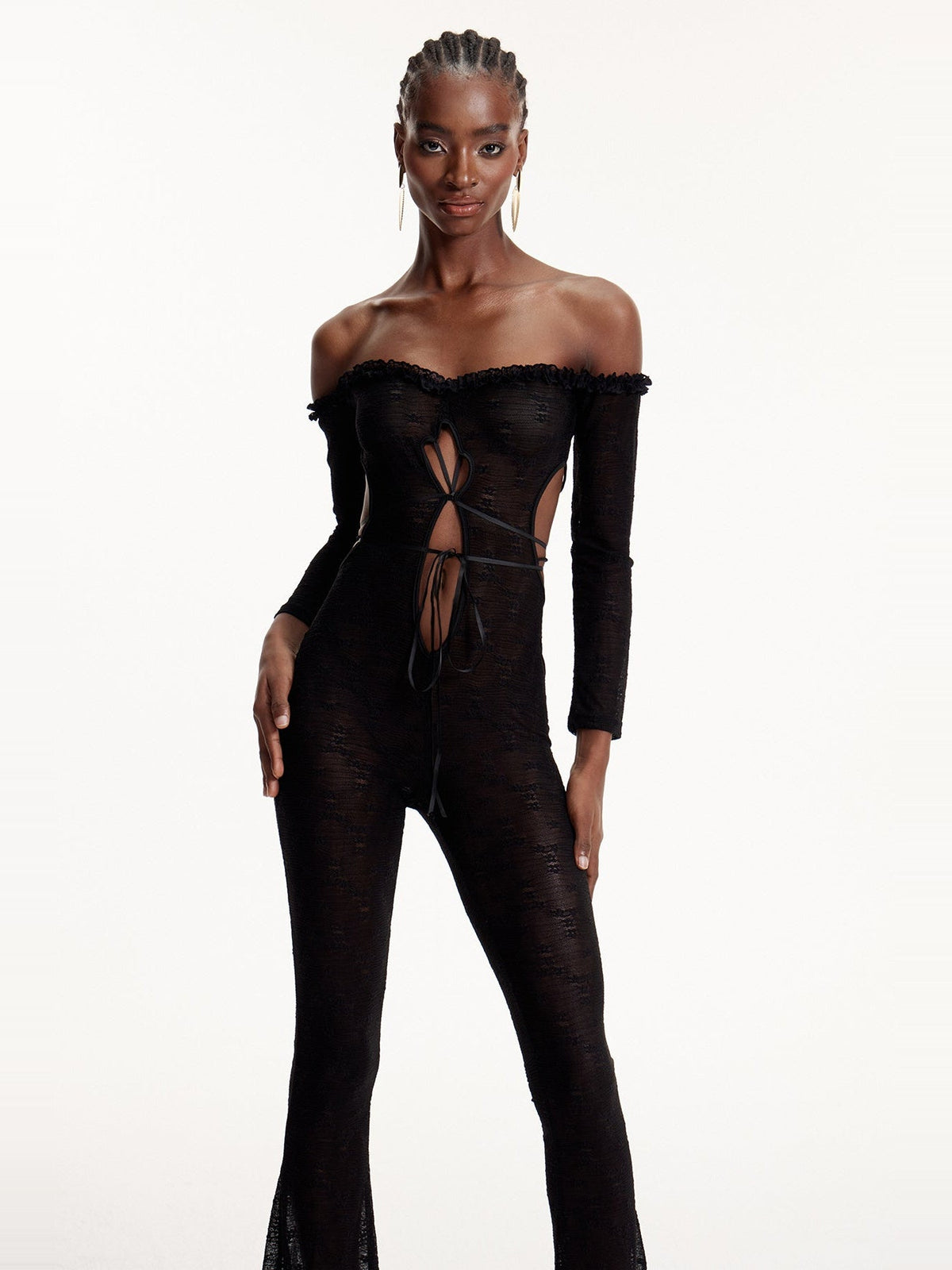Elsabeth Off-Shoulder Lace Cutout Jumpsuit - Black — Svelte Chic