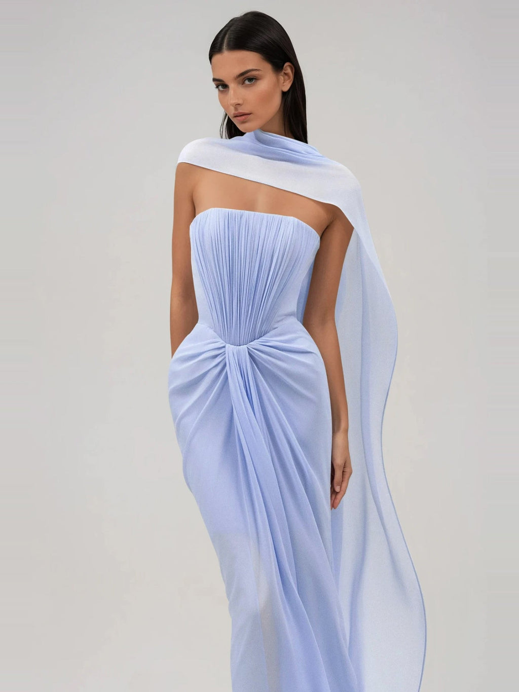 Giosetta Strapless Mesh Shawl Draped Maxi Dress — Svelte Chic