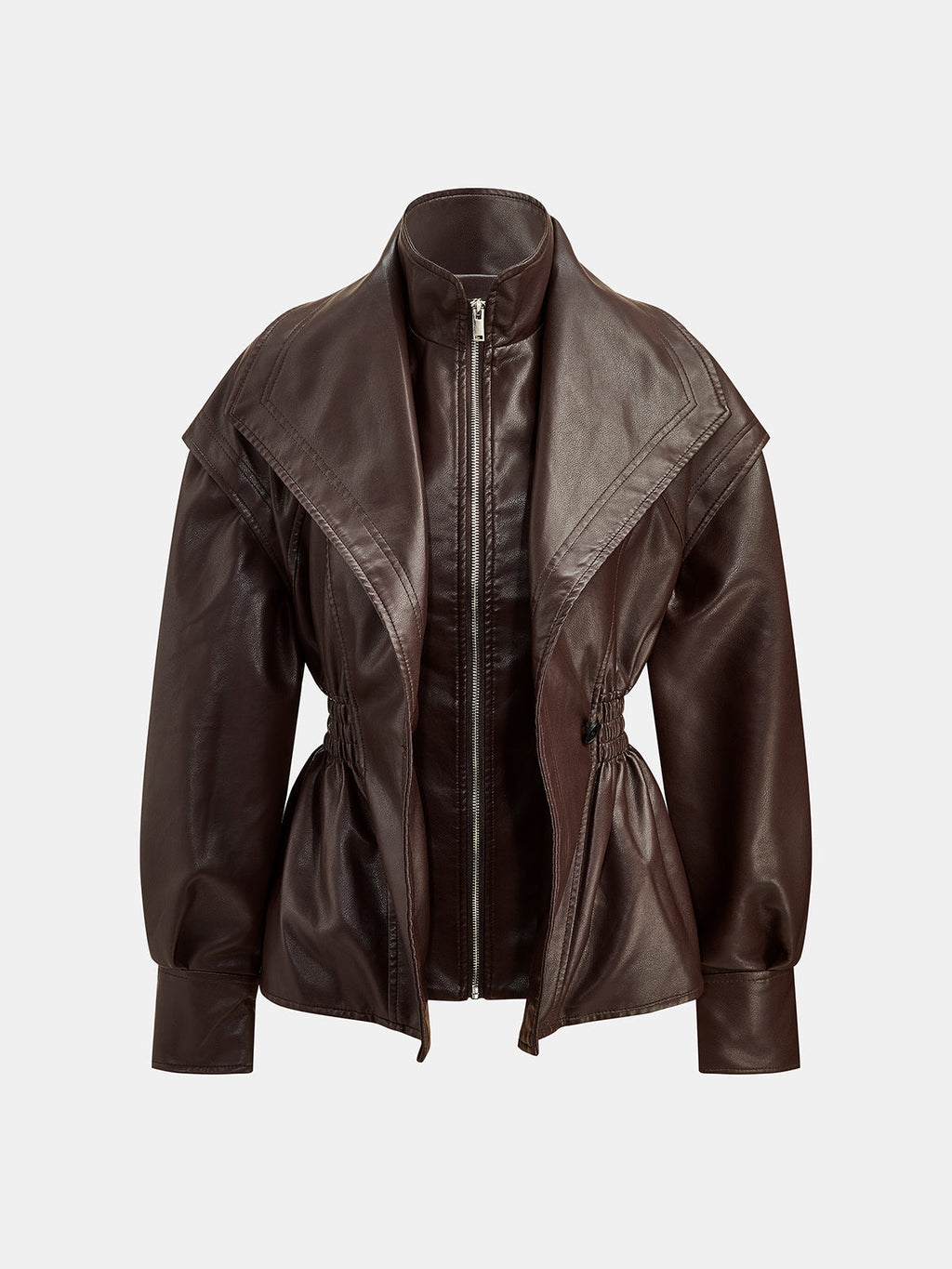 Cinched Waist Wide Lapel Faux Leather Jacket - Dark Brown — Svelte Chic