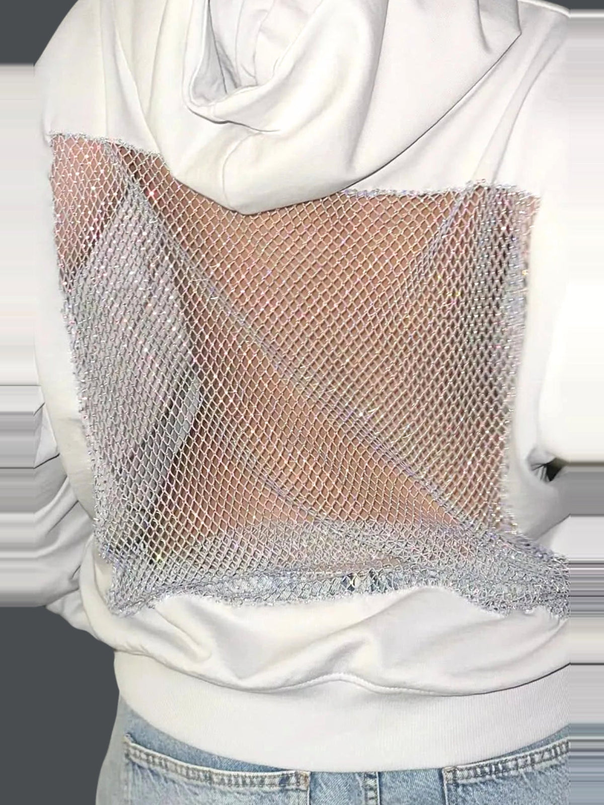 Dazhbog Hooded Rhinestone Mesh Panel Top - White — Svelte Chic