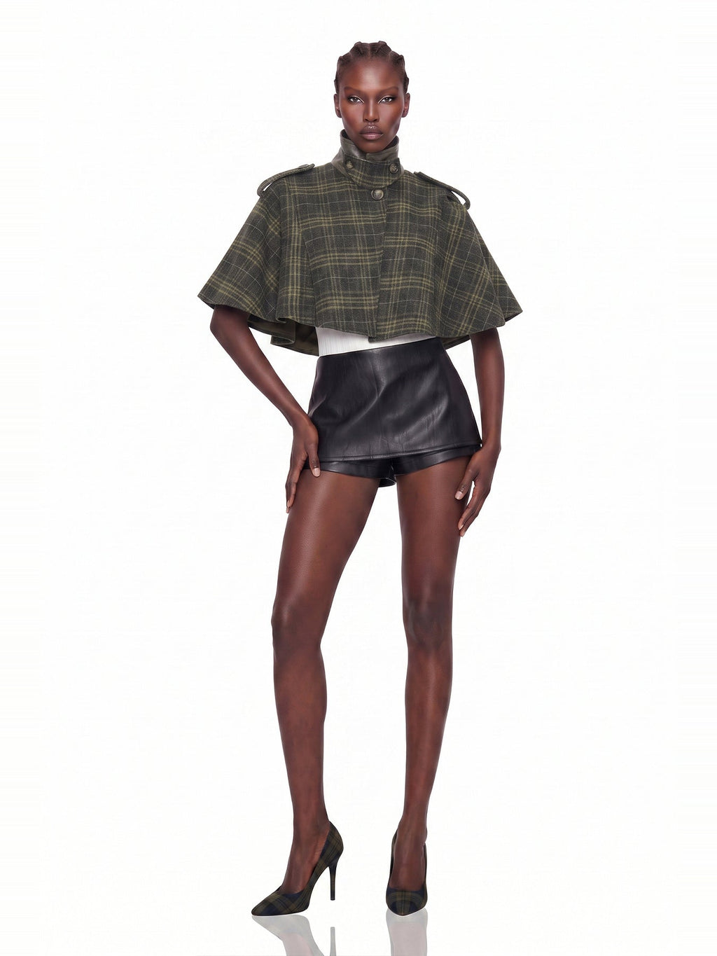 Kert Stand Collar Checked Cape Jacket - Khaki — Svelte Chic