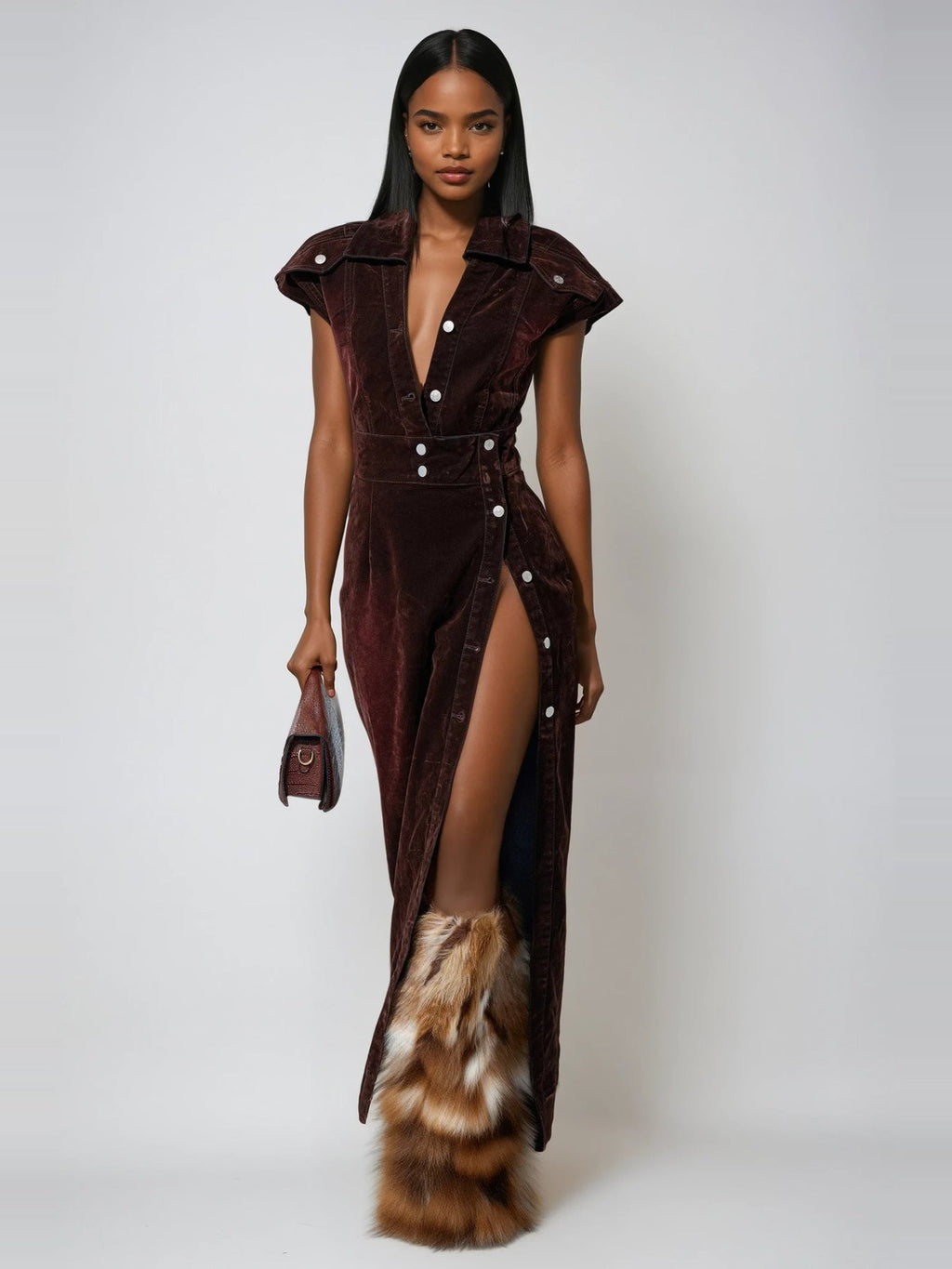 Dorte Shirt Collar Plunge High Split Maxi Dress - Burgundy — Svelte Chic