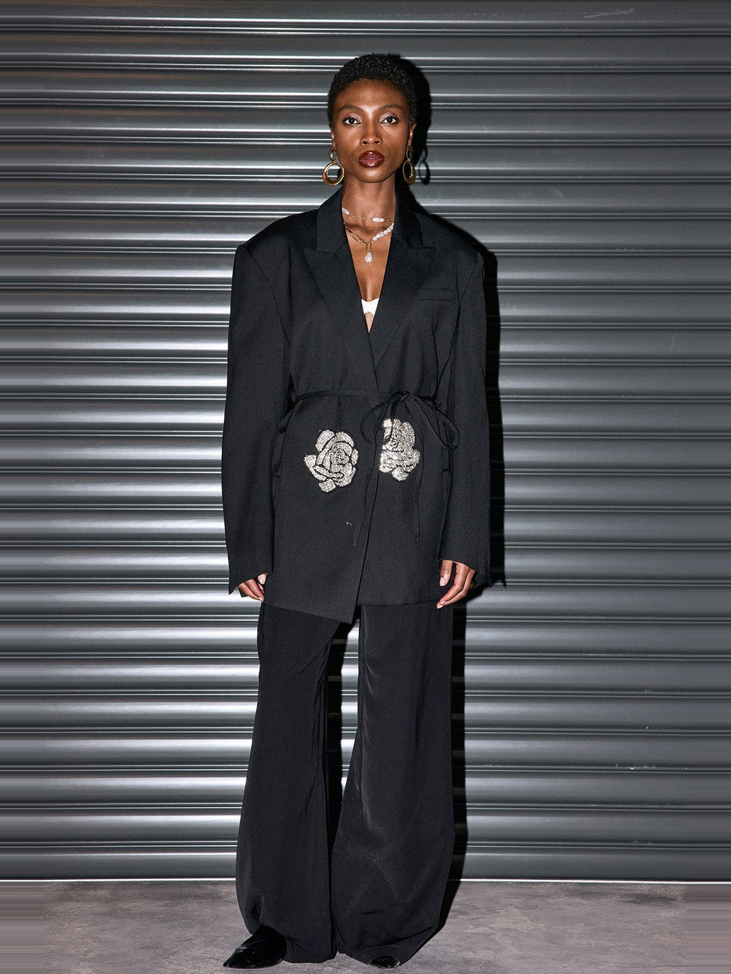 Jiya Crystal-Embellished Belted Oversized Blazer - Black — Svelte Chic