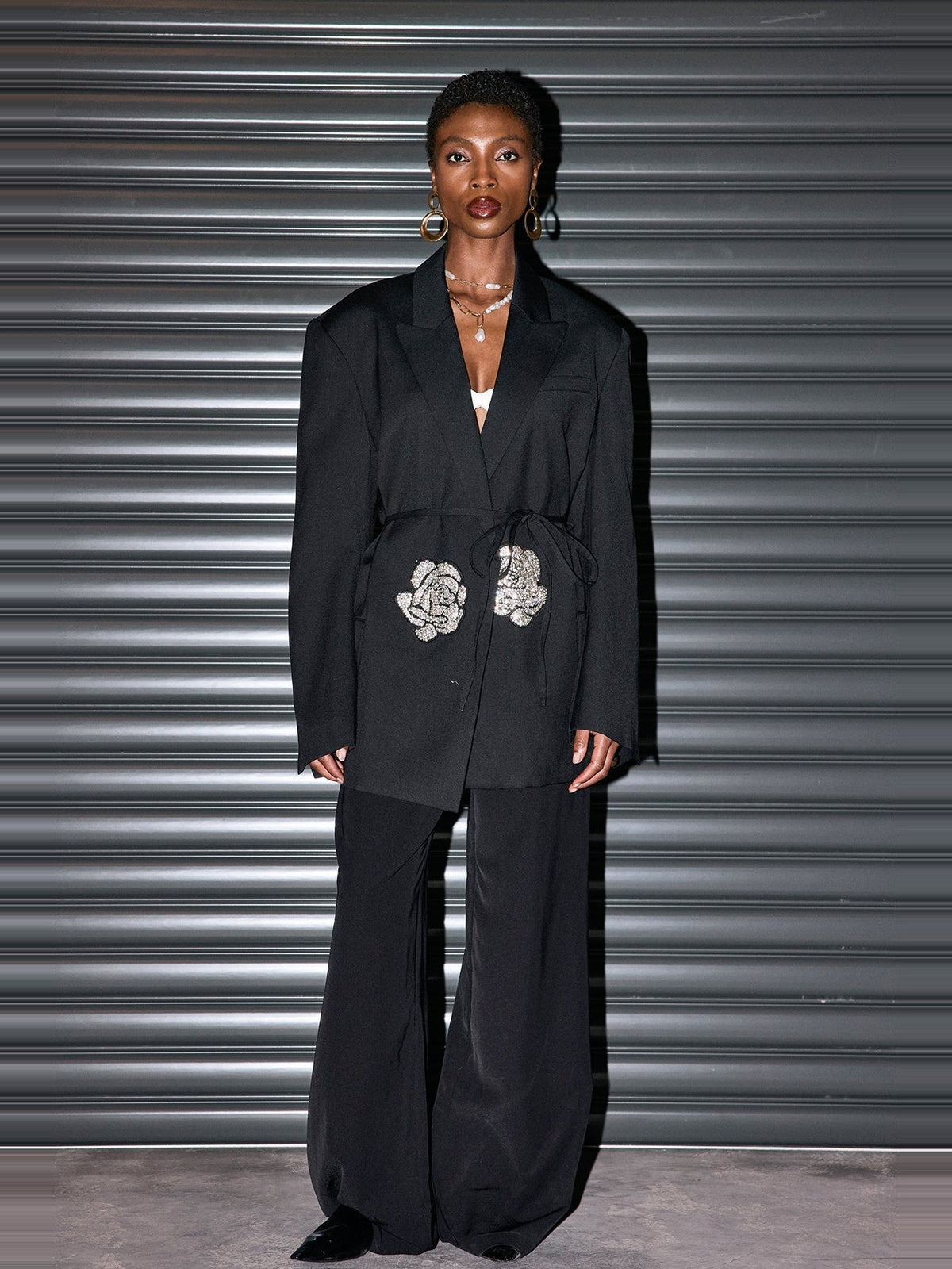 Jiya Crystal-Embellished Belted Oversized Blazer - Black — Svelte Chic