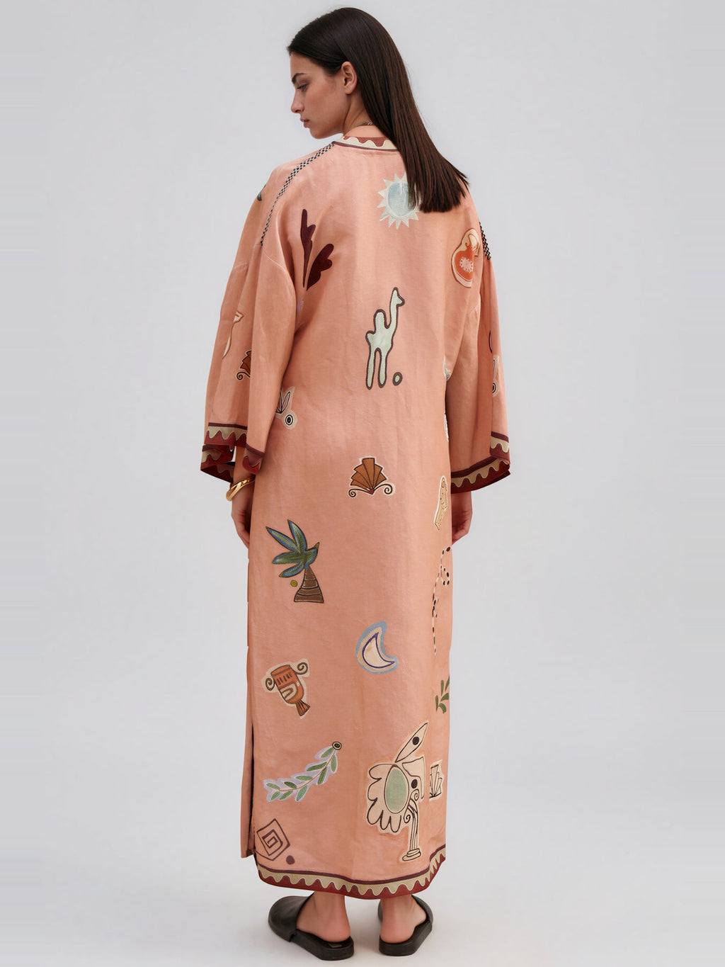 Kedem Long Sleeve Embroidery-Print Oversized Maxi Dress - Salmon — Svelte Chic