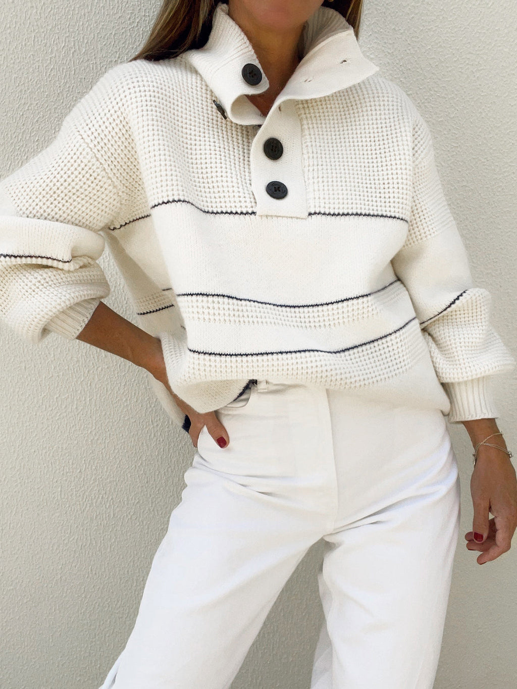 Stand Collar Button-Up Contrast Stripe Knit Sweater - White — Svelte Chic