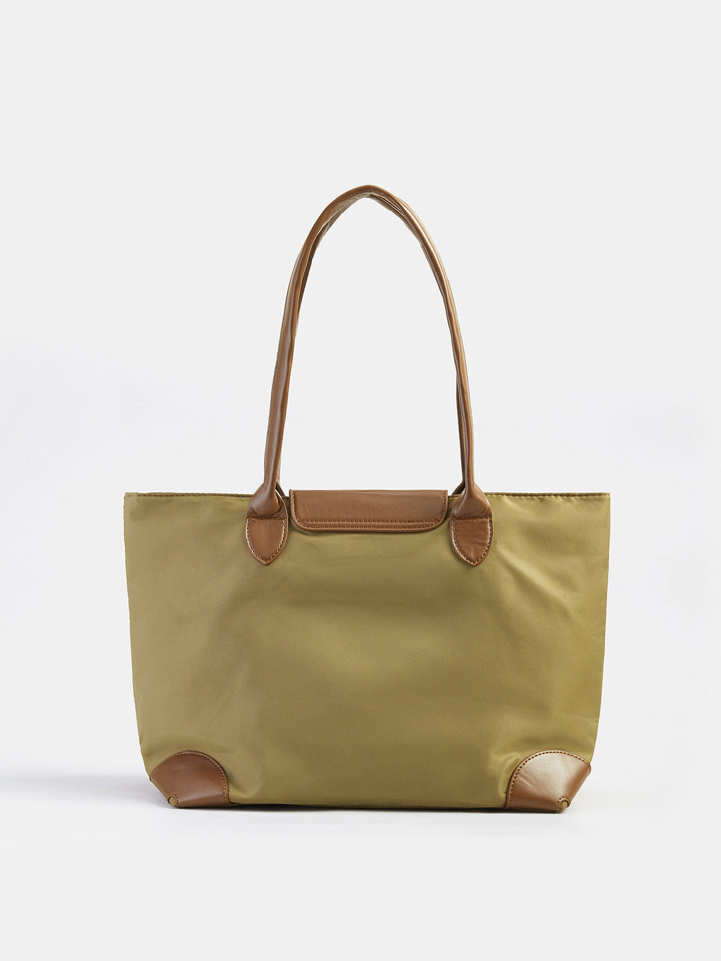 Faux Leather Trim Nylon Tote Shoulder Bag - Khaki — Svelte Chic