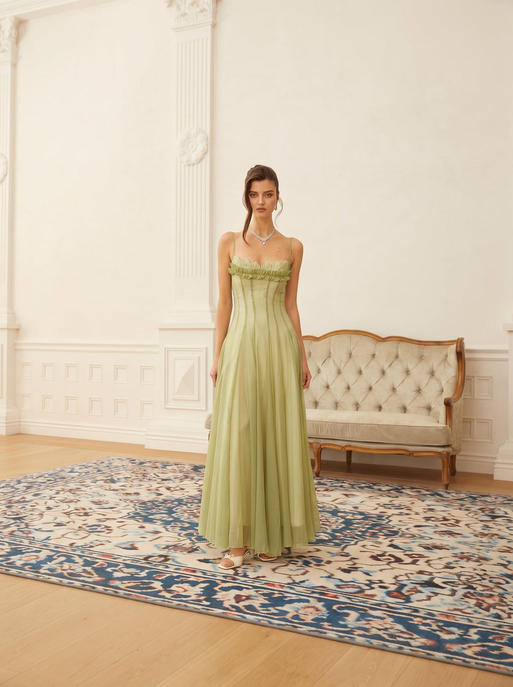 Seraphina Ruffled Tulle Maxi Dress in Pistachio — Svelte Chic