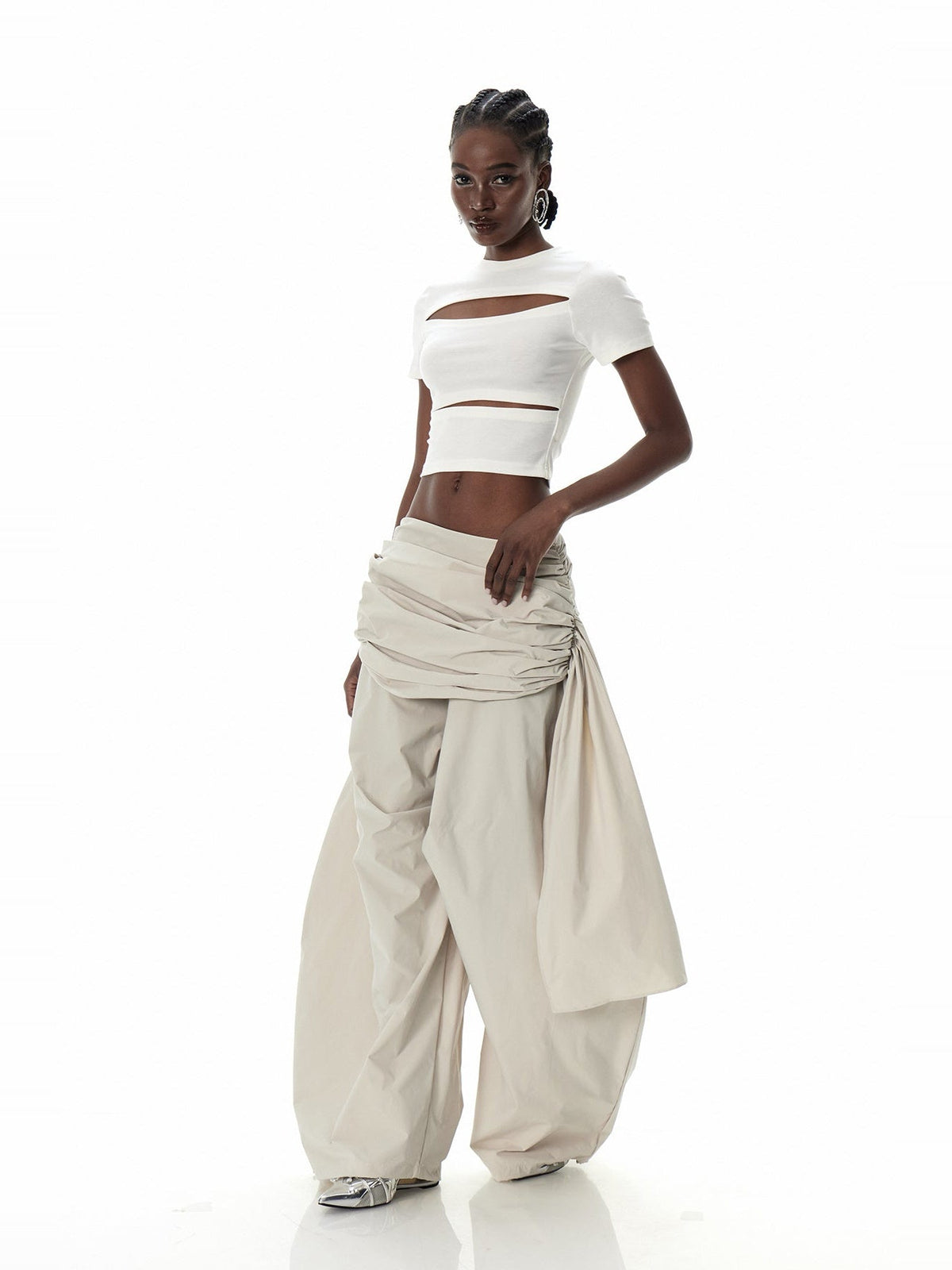 Clarity Ruched Asymmetric Wide-Leg Pants - Beige — Svelte Chic