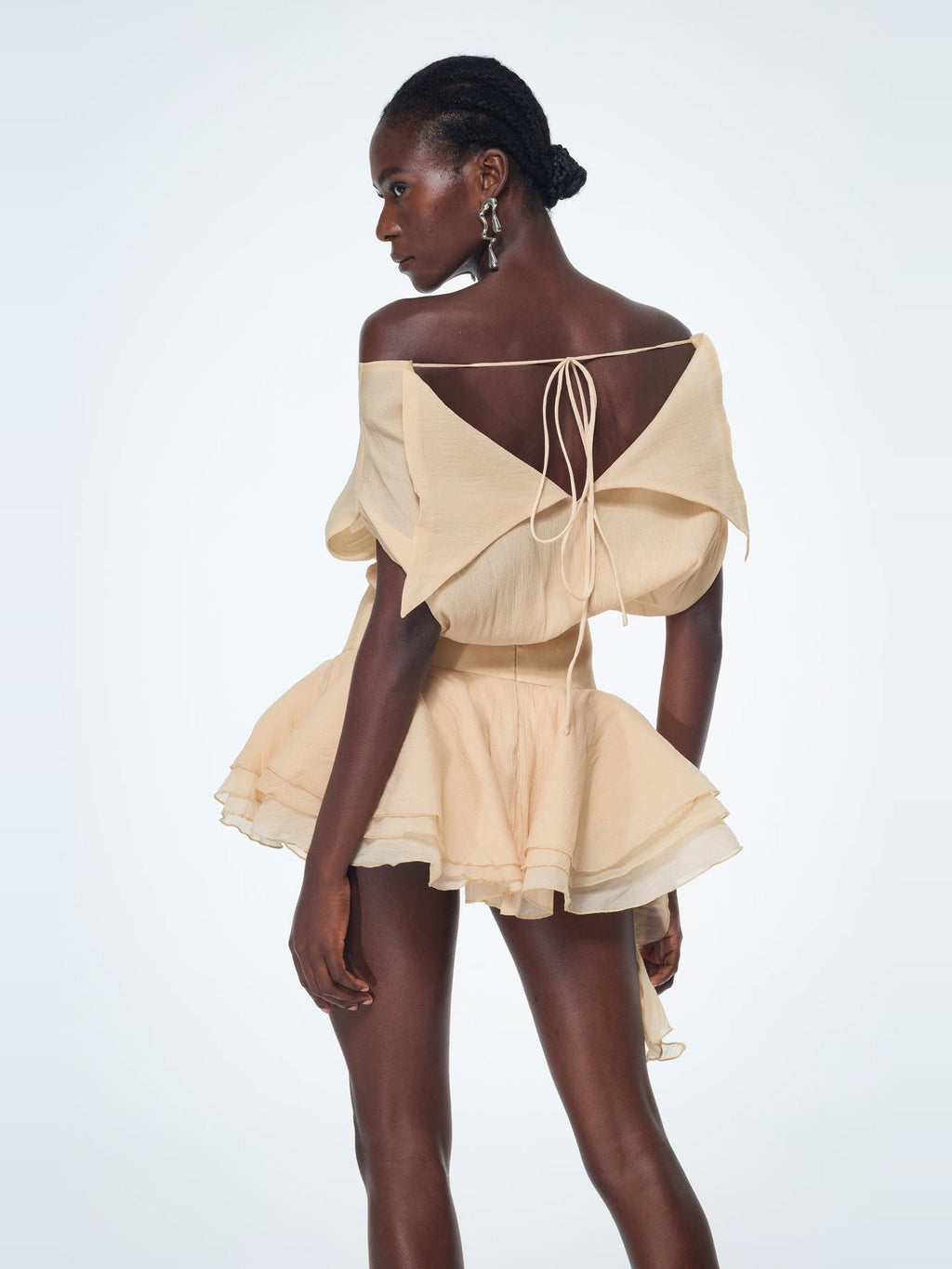 Baatar Off-Shoulder Rose Detail Ruffled Mini Dress - Apricot — Svelte Chic