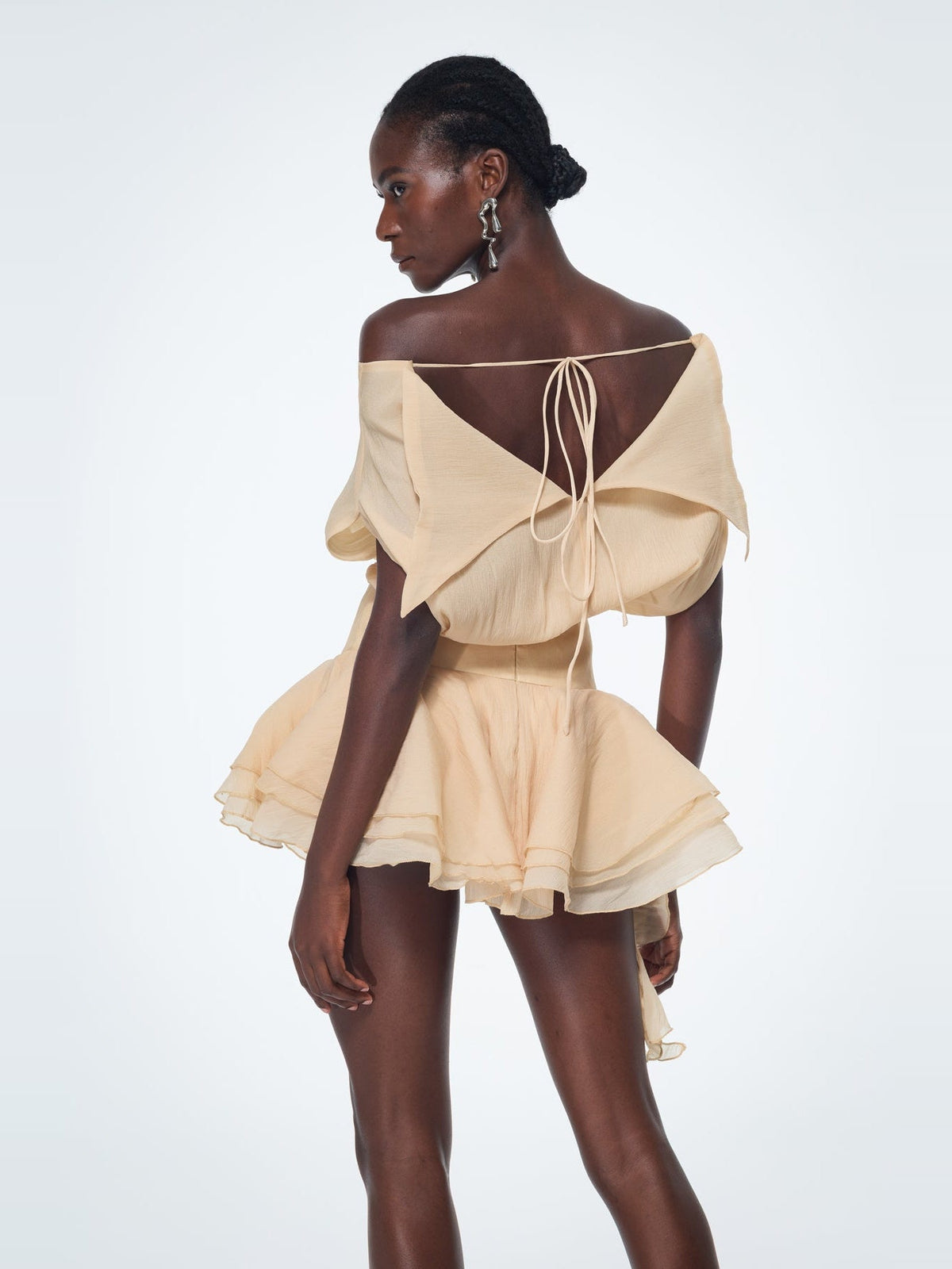 Baatar Off-Shoulder Rose Detail Ruffled Mini Dress - Apricot — Svelte Chic