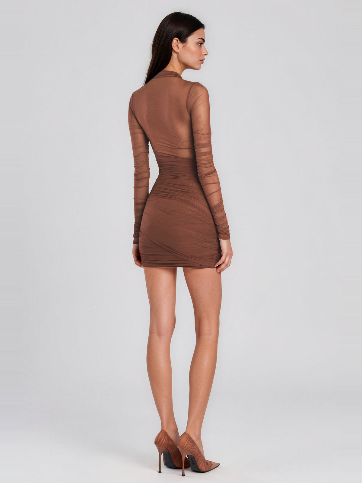 Ivaana Long Sleeve Draped Mesh Mini Dress - Brown — Svelte Chic