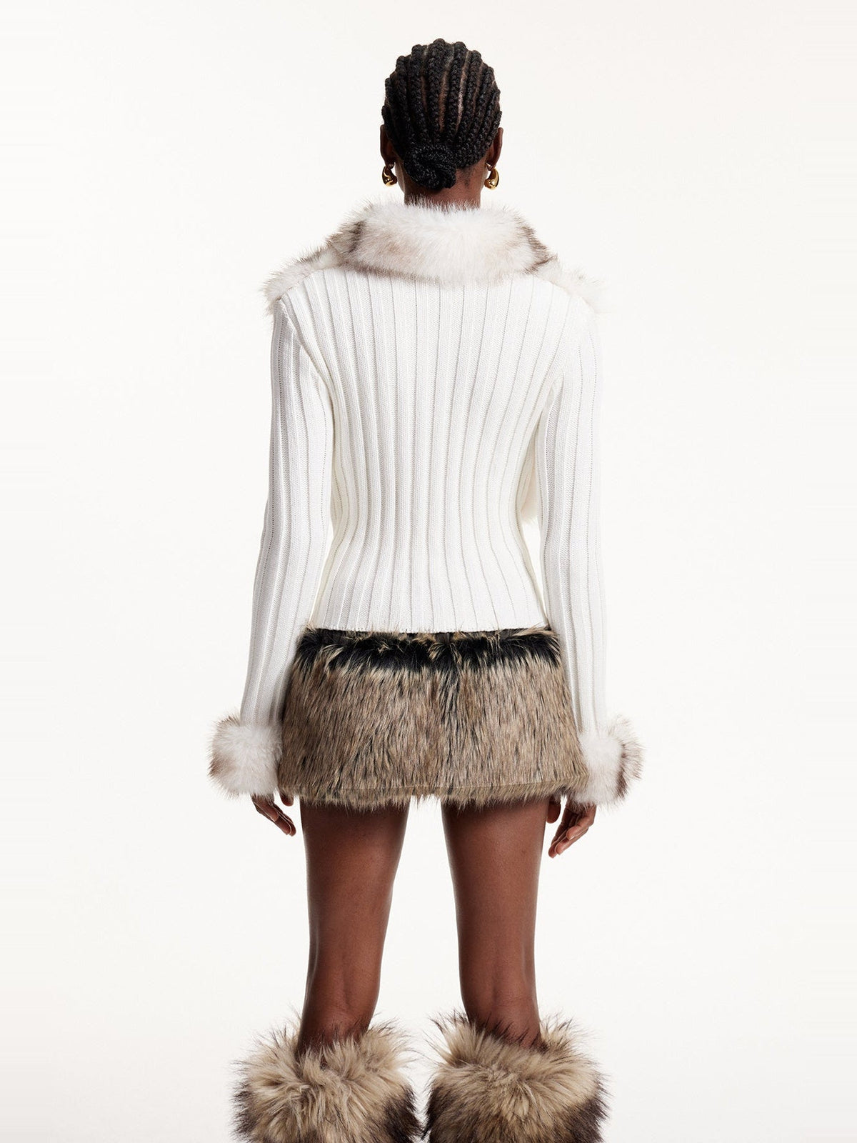 Agrafena Faux Fur Trim Ribbed Knit Top - White — Svelte Chic