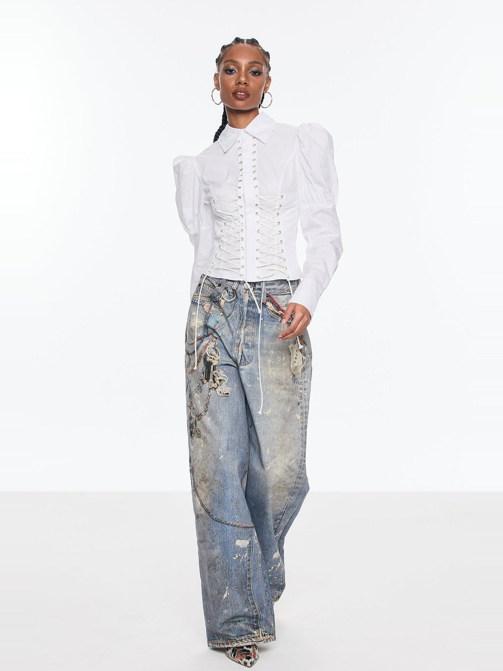 Belvedere Lace-Up Corset Puff Sleeve Shirt - White — Svelte Chic