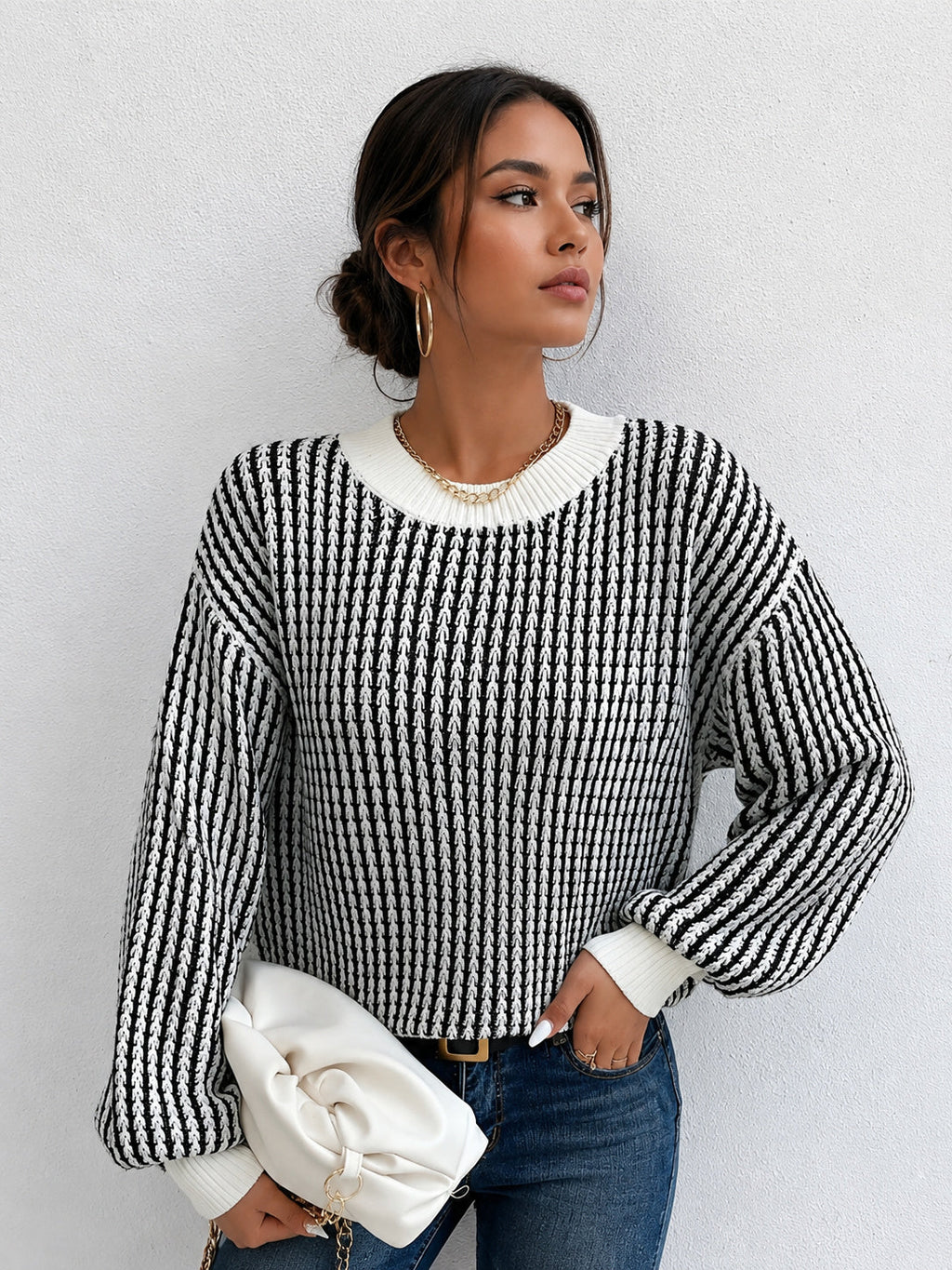 Color Block Striped Oversized Knit Sweater - Black — Svelte Chic