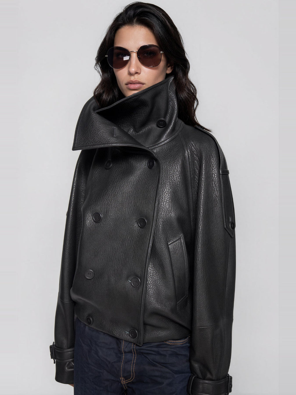 Khan Funnel Neck Leather-Look Double-Breasted Jacket - Grey — Svelte Chic
