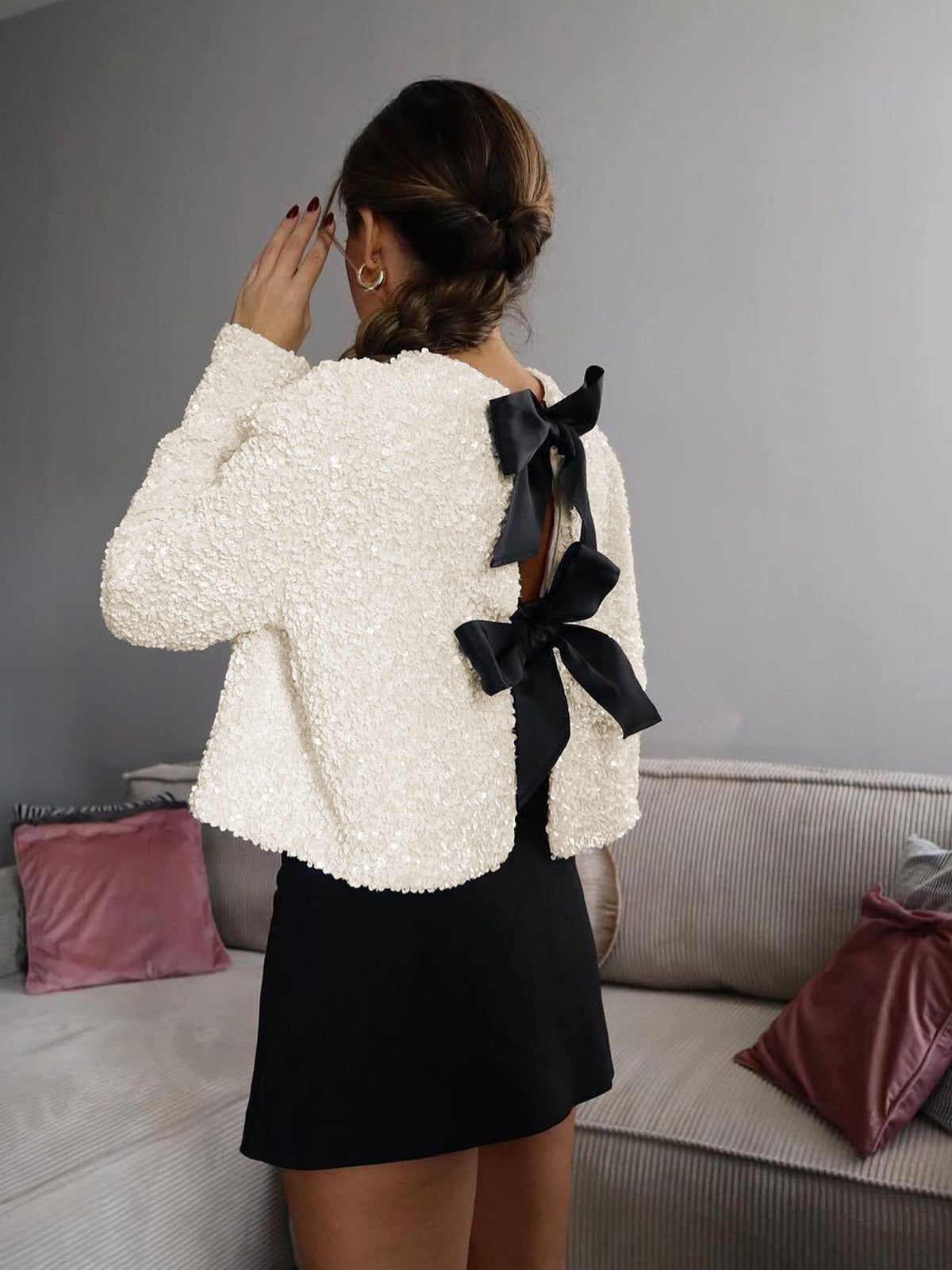 Bow-Detail Sequined Velvet Cropped Jacket — Svelte Chic