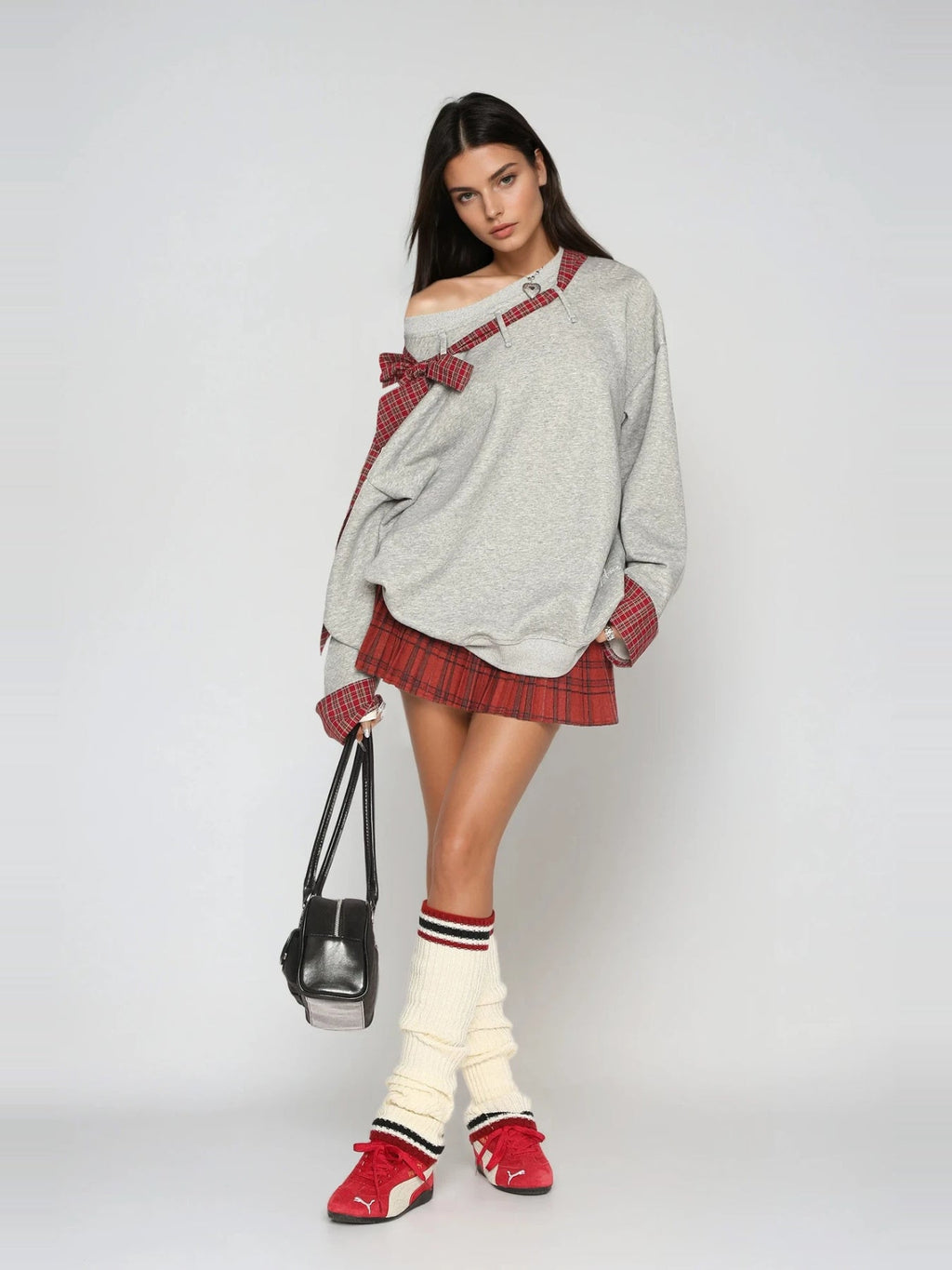 Derrick Plaid Bow Asymmetric Neck Oversized Top - Grey — Svelte Chic